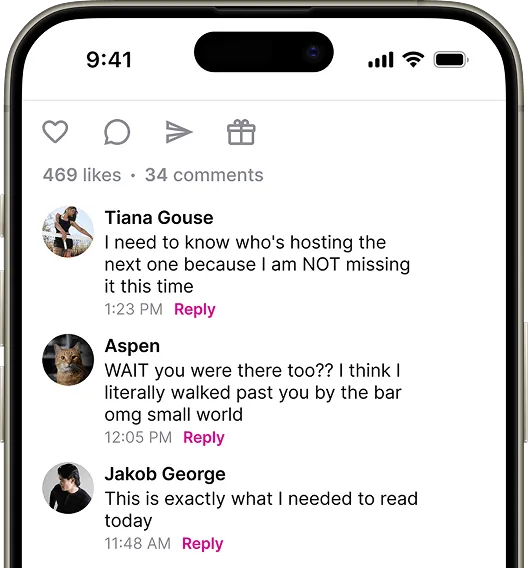 Comments on a social media post, including messages from Tiana Gouse, Aspen, and Jakob George.