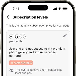 Screenshot of a mobile app showing subscription details: $15/month for access to premium photo gallery and videos, with 10 posts available.