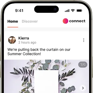 A smartphone screen displaying a social media app with a post from "Kierra" about revealing a summer collection.