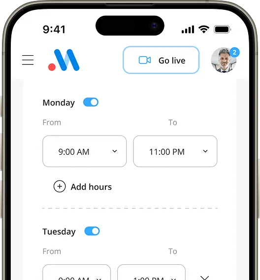 Smartphone screen showing a scheduling app with time settings enabled for Monday 9 AM to 11 PM and Tuesday 9 AM to 1 PM.