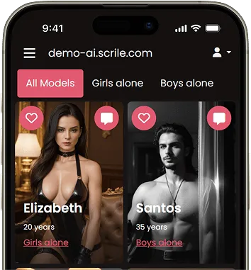 A mobile app screen showing profiles of models, including Elizabeth, 20, and Santos, 35, with options to view 'Girls alone' and 'Boys alone'.