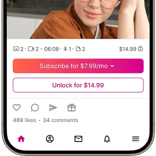 A subscription and unlock screen for a social media post. It features a partial image of a woman with glasses above buttons labeled "Subscribe for $7.99/mo" and "Unlock for $14.99." The post shows 469 likes and 34 comments.