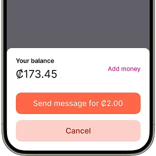 A mobile screen displays a balance of $173.45, with options to add money, send a message for $2.00, or cancel.