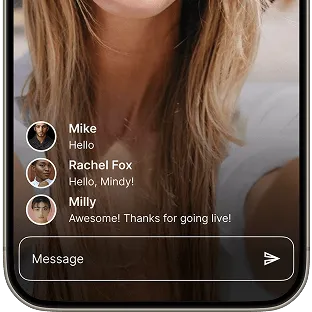 A partial view of a smartphone screen displaying a live chat and video streaming.