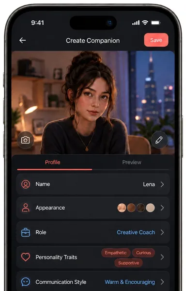 Custom AI companion profiles - AI companion app screen