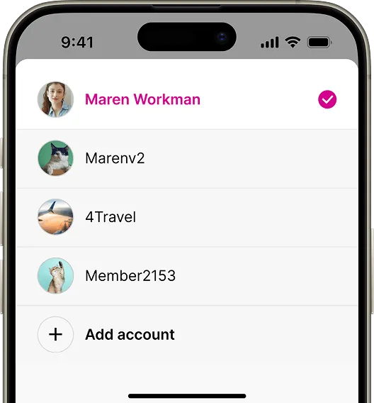 A smartphone screen displaying a list of user accounts, including "Maren Workman," "Marenv2," "4Travel," and "Member2153." There is an option to “Add account” at the bottom.