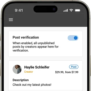 Smartphone screen showing a social media app with post verification toggle enabled and a post preview.