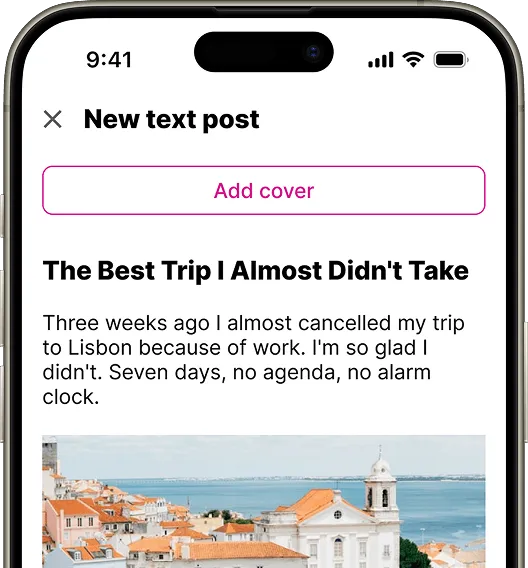 A mobile phone screen displaying a social media post with text describing a trip to Lisbon and an image of the city in the background.