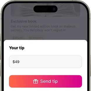 A tipping screen on a phone displays the text "Your tip" and an input field with "$49" entered. Below is a large pink-orange button labeled "Send tip," with a gift icon.