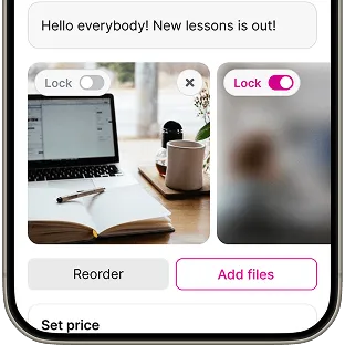 A smartphone screen displaying a messaging interface with a text message about new lessons, an image of a desk with a laptop and coffee cup, and options to add files or reorder items.