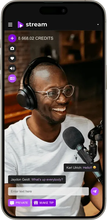 Branded live event stream with chat and tips on a mobile phone