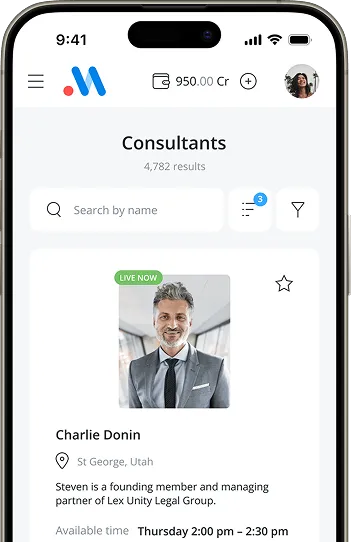 Mobile app screen showing a consultant profile with live status, location, availability, and a search bar for consultants.