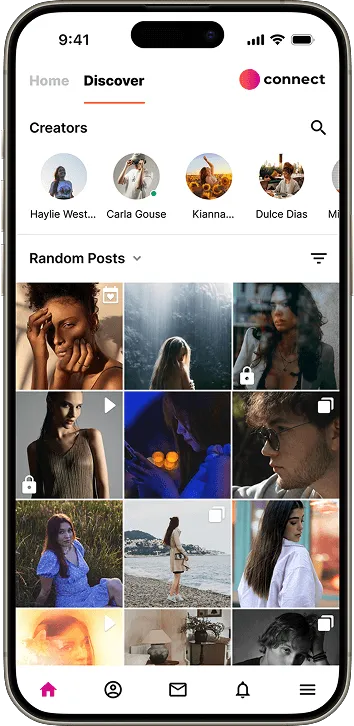 A smartphone screen displays a social media app’s “Discover” tab. The interface shows circular profile icons of creators at the top, followed by a grid of random photo and video posts.