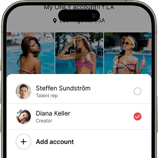 An account switcher screen on a social media app. Two profile options are shown: Steffen Sundström (Talent rep) with an empty circle and Diana Keller (Creator) with a checked circle. There is also an “Add account” option.