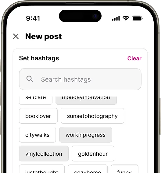 A smartphone screen displaying the "New post" interface with a section for setting hashtags. The search bar at the top is labeled "Search hashtags."