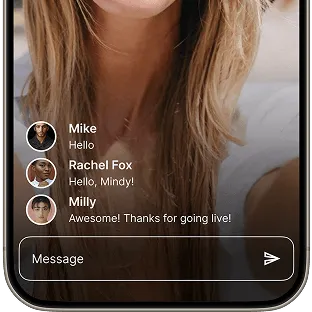 A smartphone screen shows a messaging app with three user messages in a live chat, conveying a friendly interaction.