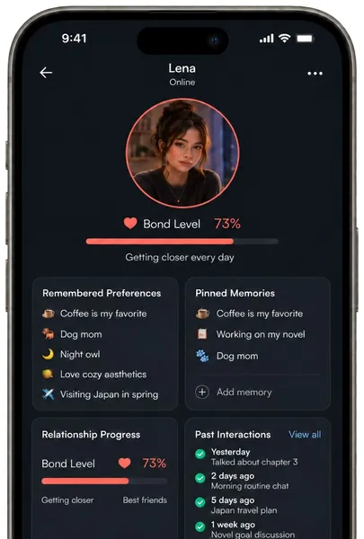 Memory and relationship logic - AI companion app screen