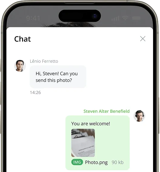 Chat conversation on smartphone where Lênio asks Steven to send a photo and Steven replies with "You are welcome!" and a photo attachment.