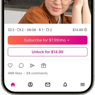 A smartphone screen displays a video post featuring a smiling woman in glasses, with subscription and unlock options below.