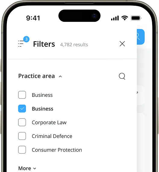 A smartphone screen shows a filter menu with "Business" checked under practice areas, alongside options for Corporate Law, Criminal Defence, and Consumer Protection.