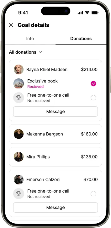Screenshot of a mobile app displaying a fundraising goal
