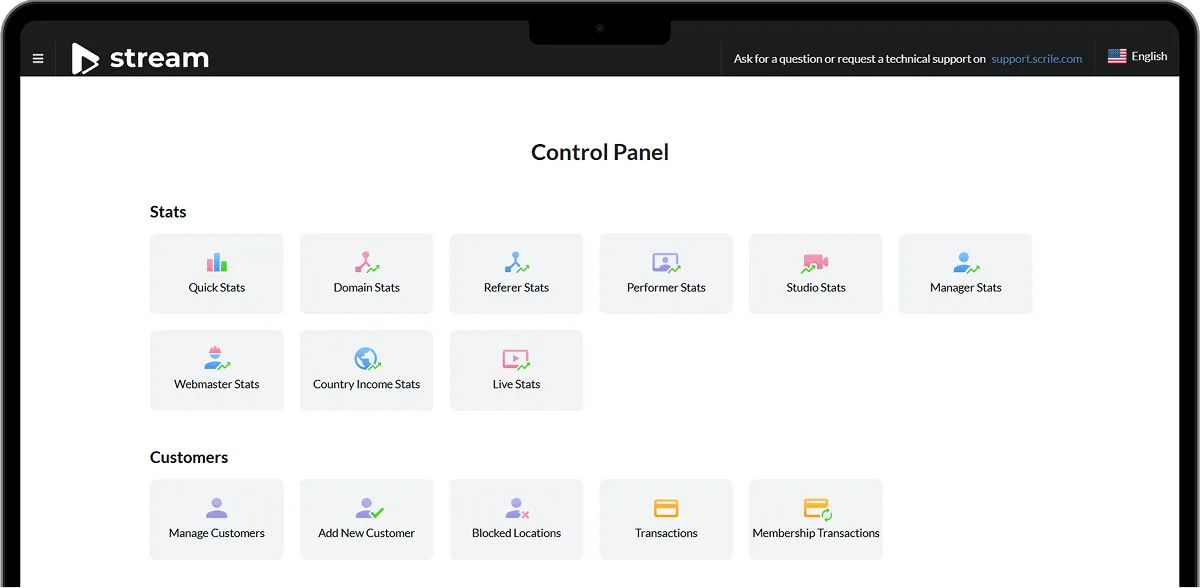 Scrile Stream admin control panel for live event management