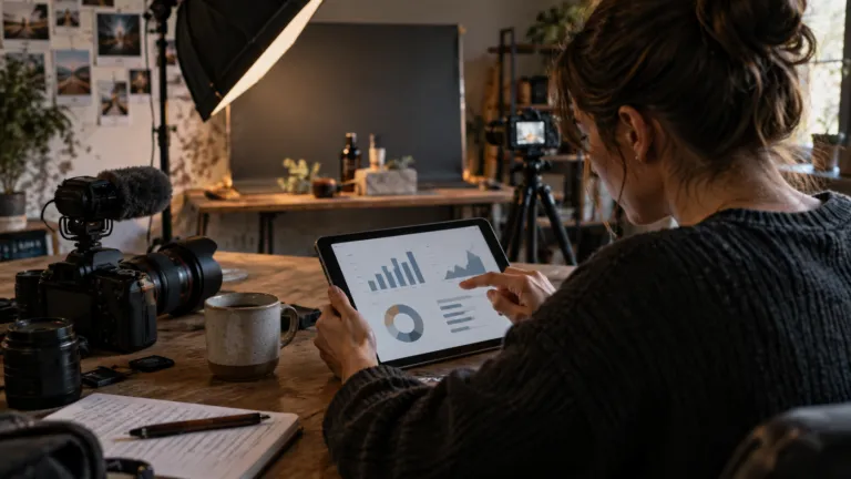 A creator reviewing audience and sales patterns on a tablet beside a real camera and filming setup