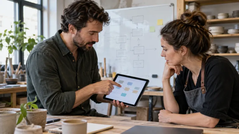 A consultant showing an actual client workflow prototype on a tablet beside a whiteboard of abstract process blocks in a small business workshop