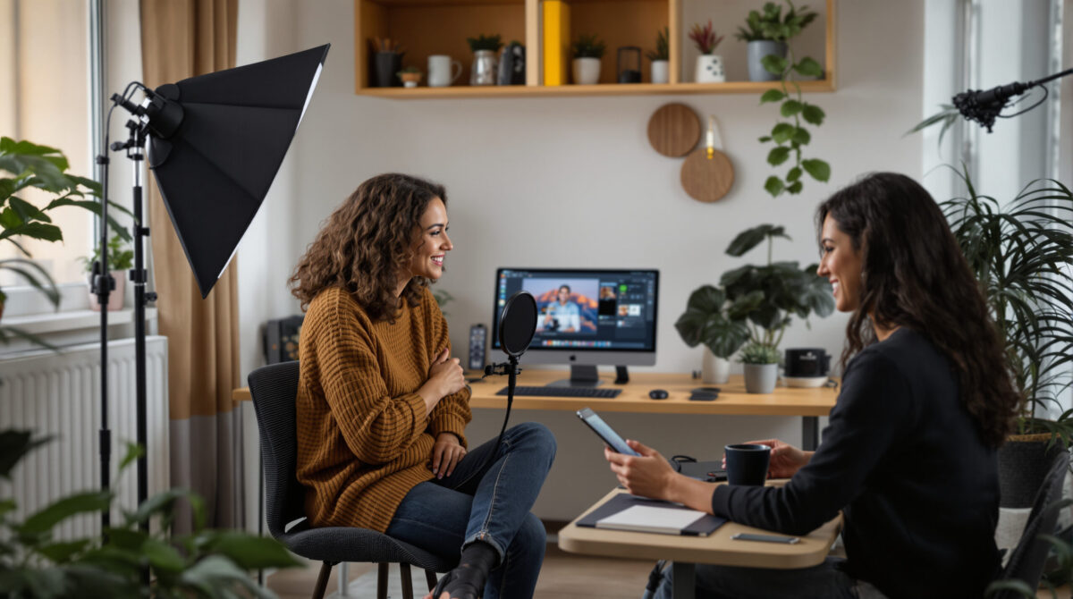 Independent teacher recording a paid lesson in a branded home studio