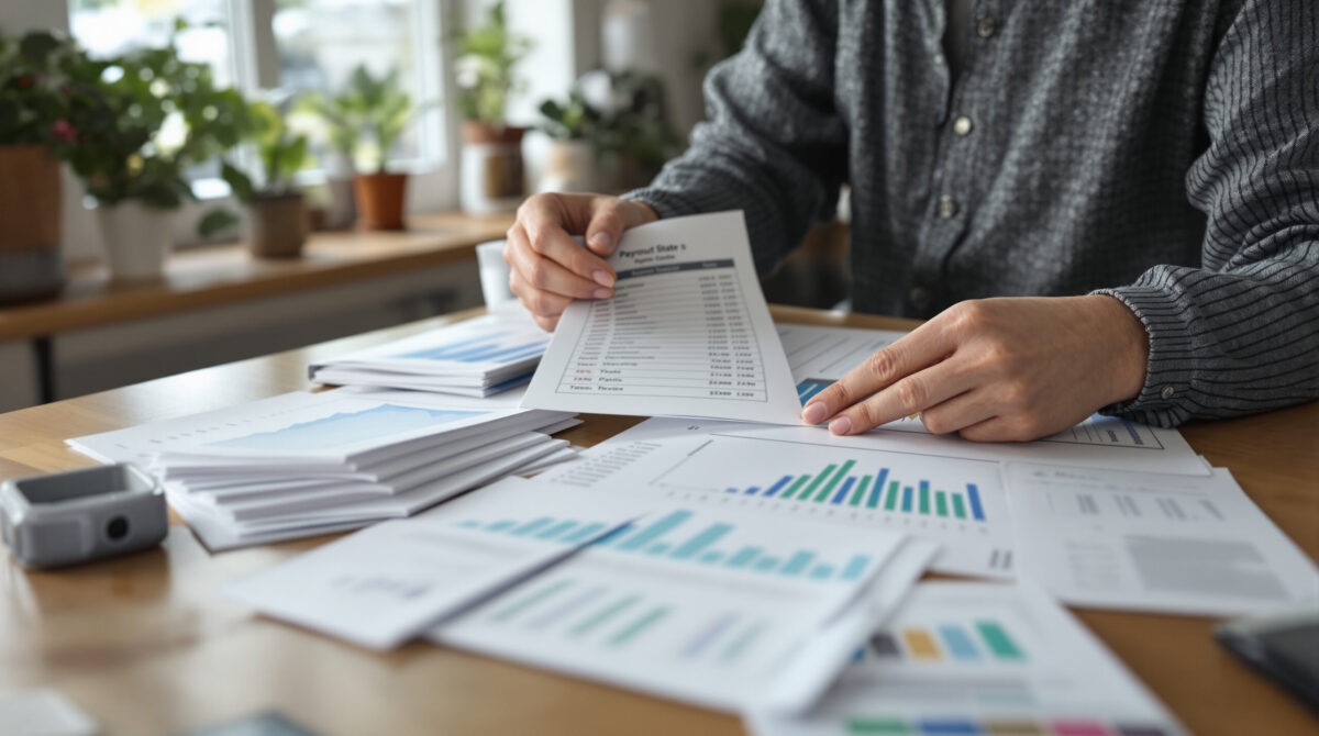 Independent creator reviewing payouts and operating expenses at a kitchen table