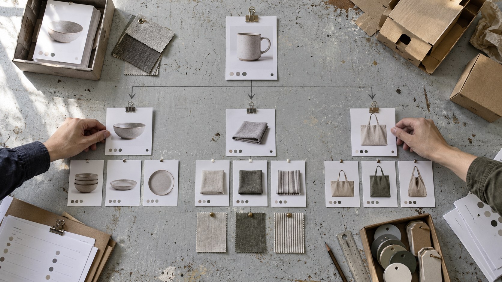 Overhead workbench with hands arranging one offer card into grouped ceramics, textiles, and bags alongside proofs, folders, swatches, and tokens.