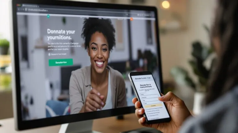 A fundraising website open on a laptop beside a phone, showing a donation page with campaign progress and a clear...