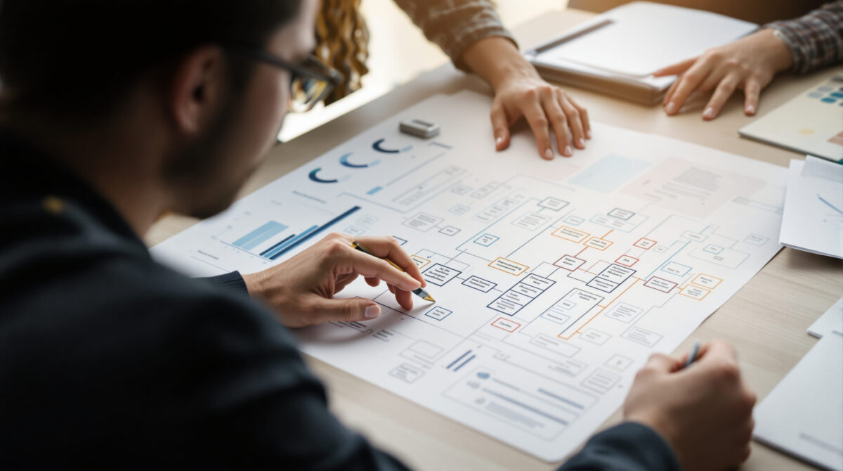 Product team mapping an AI agent workflow during a technical review