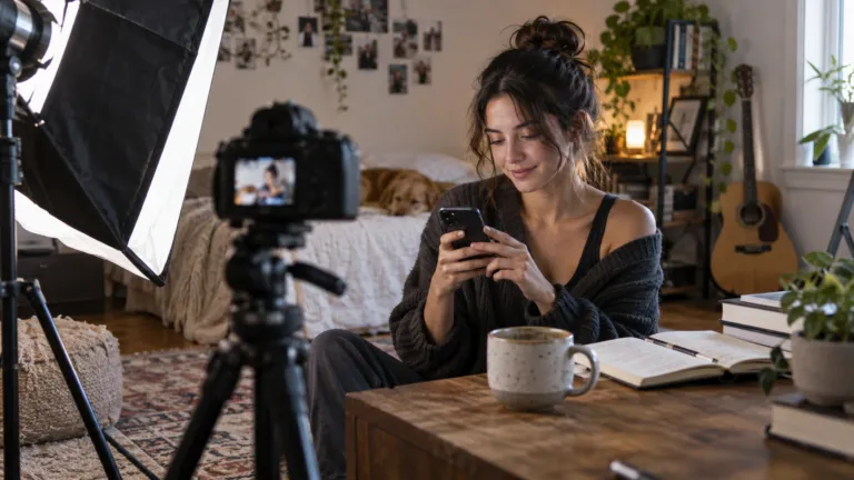 An independent creator filming a short video at home with a camera and softbox while checking a fan membership page on a phone