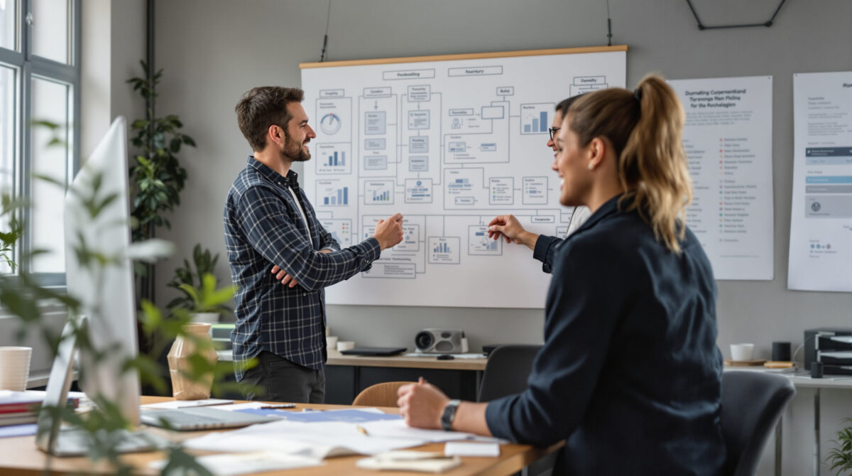 Operations specialist mapping a client workflow with an agency founder