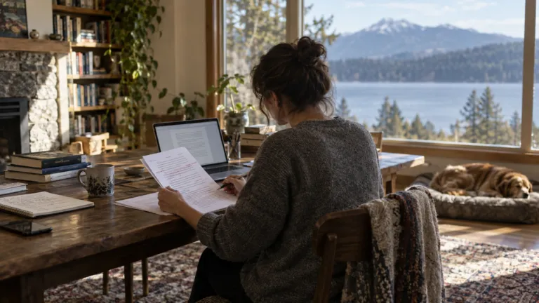 A writer comparing an edited manuscript printout with an unbranded writing assistant on a laptop