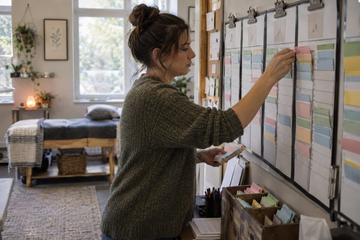 Sales coordinator assigning printed lead cards to staff schedules