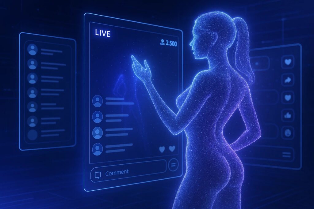 AI tools for webcam sites visualized with holographic streaming UI and virtual performer