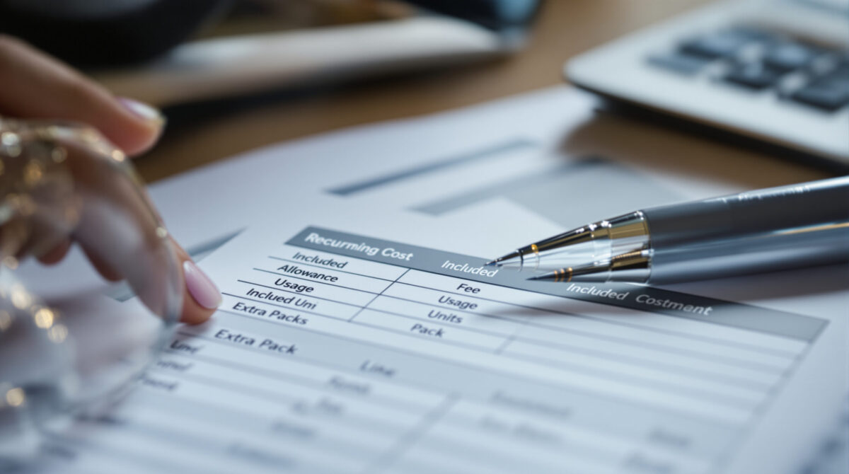 Recurring-cost worksheet reconciling subscription fees, included units, and extra packs
