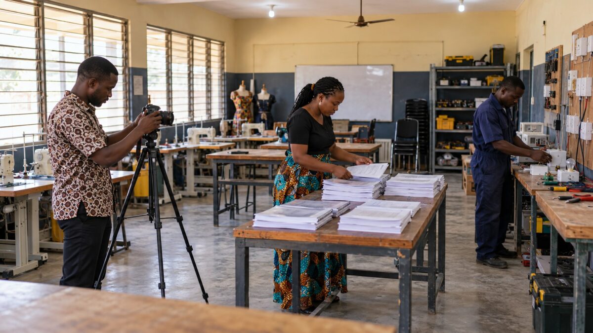 Three course team members prepare a Nigerian vocational classroom, adjusting a tripod, arranging learner packs, and checking demonstration materials.