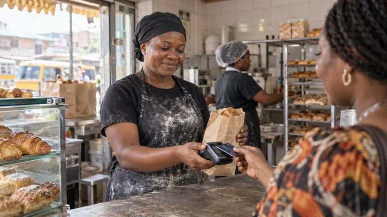A bakery owner holds a card terminal as a customer taps a payment card, with fresh bread and a working bakery visible behind them.
