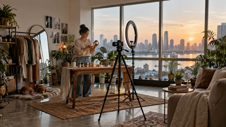 Creator preparing a social-media product video beside a phone checkout page
