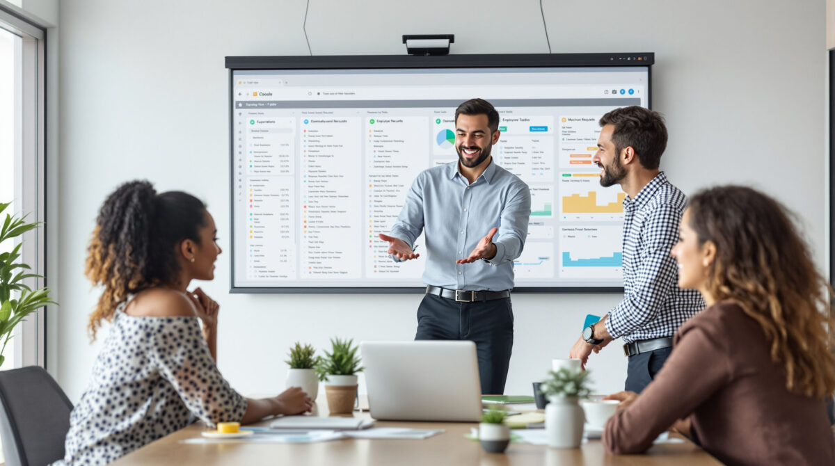 Operations manager mapping employee tasks with colleagues in a meeting room