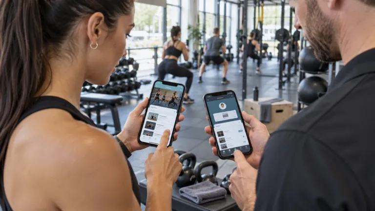 Fitness professionals comparing membership app screens during a gym class