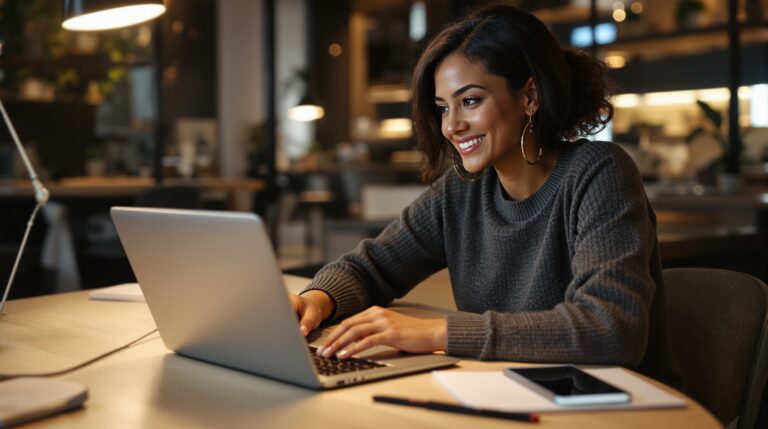 Writer using a laptop in a modern workspace to plan AI-assisted storytelling and draft narrative ideas