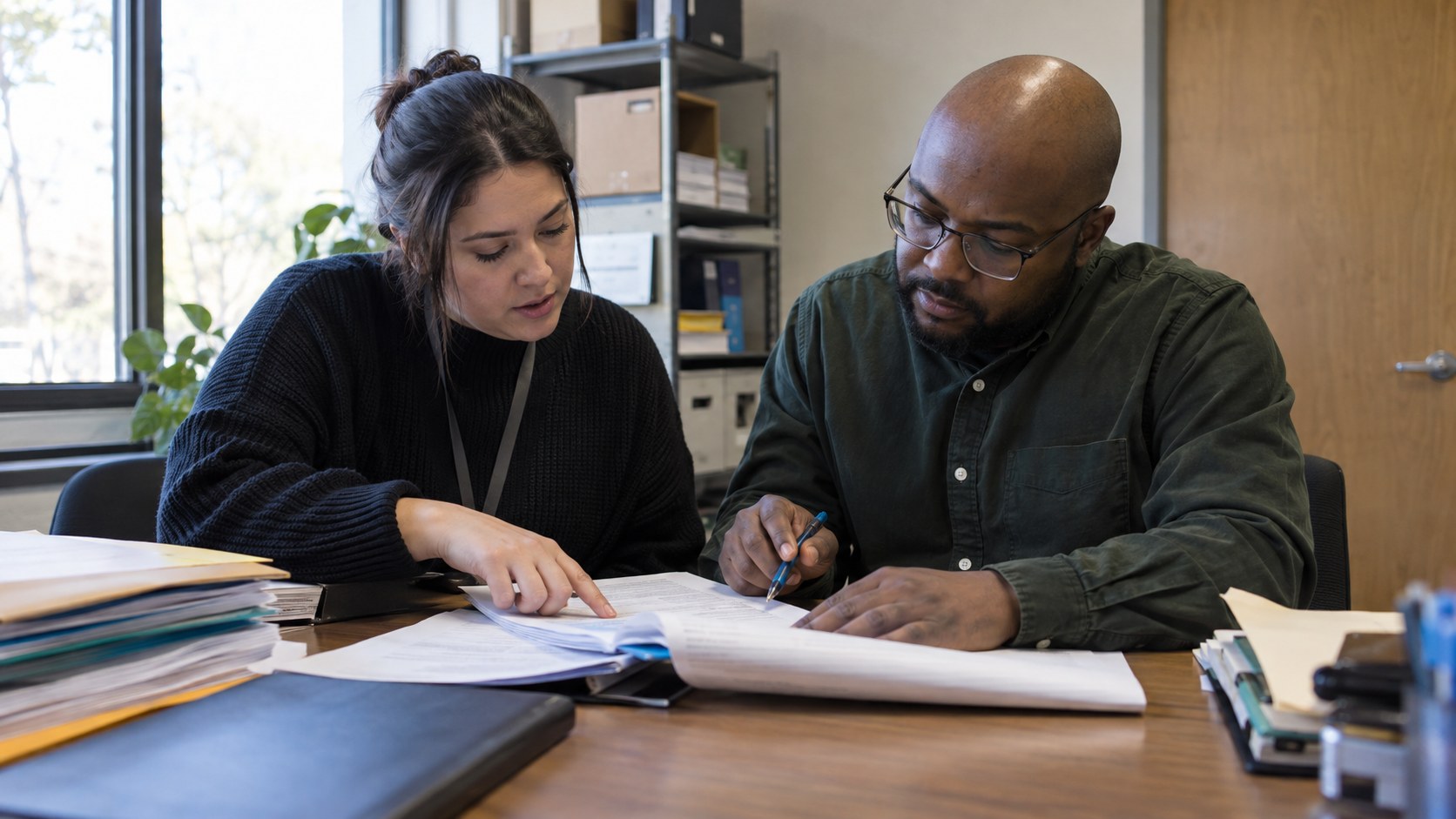 A support specialist and compliance colleague trace a disputed subscription charge together through a printed case packet in a private operations room.