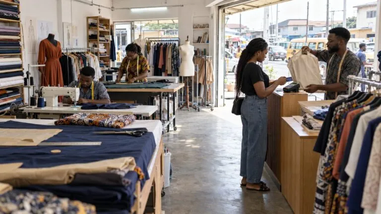 Wide view of a Lagos fashion atelier where tailors work as a customer makes a card payment for a finished garment at the counter.