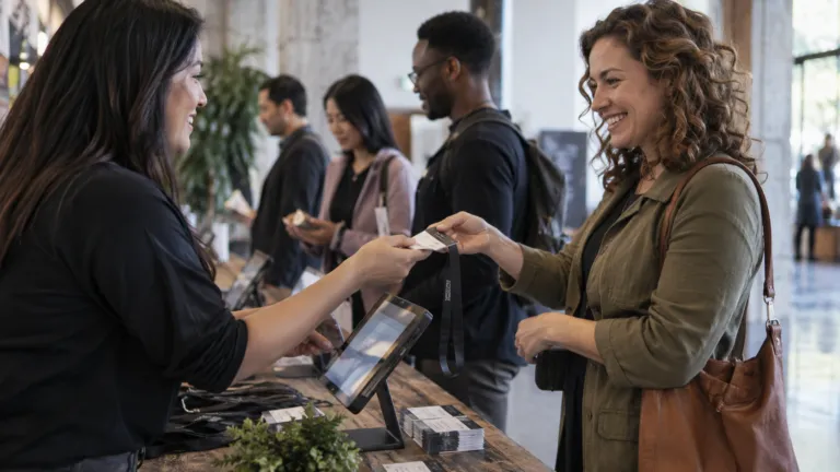 A membership organization checking attendees into an in-person workshop with tablets and member passes