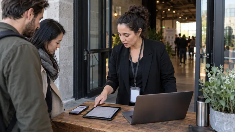 Workshop organizer comparing membership access on a phone, tablet and laptop at a venue