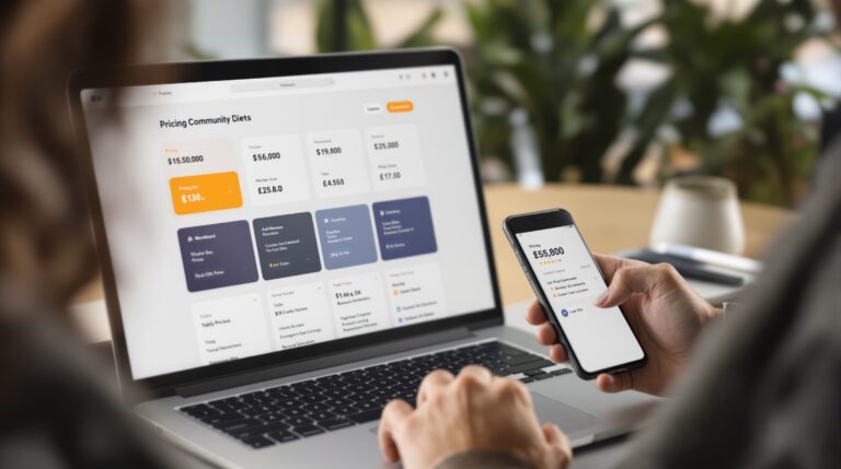 Community platform pricing dashboard on a laptop with a creator reviewing plans and costs